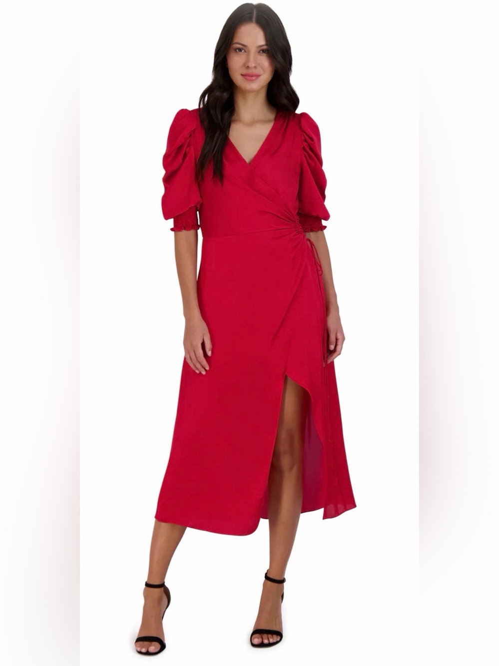 julia jordan Red Wrap Midi Dress with Puff Sleeves